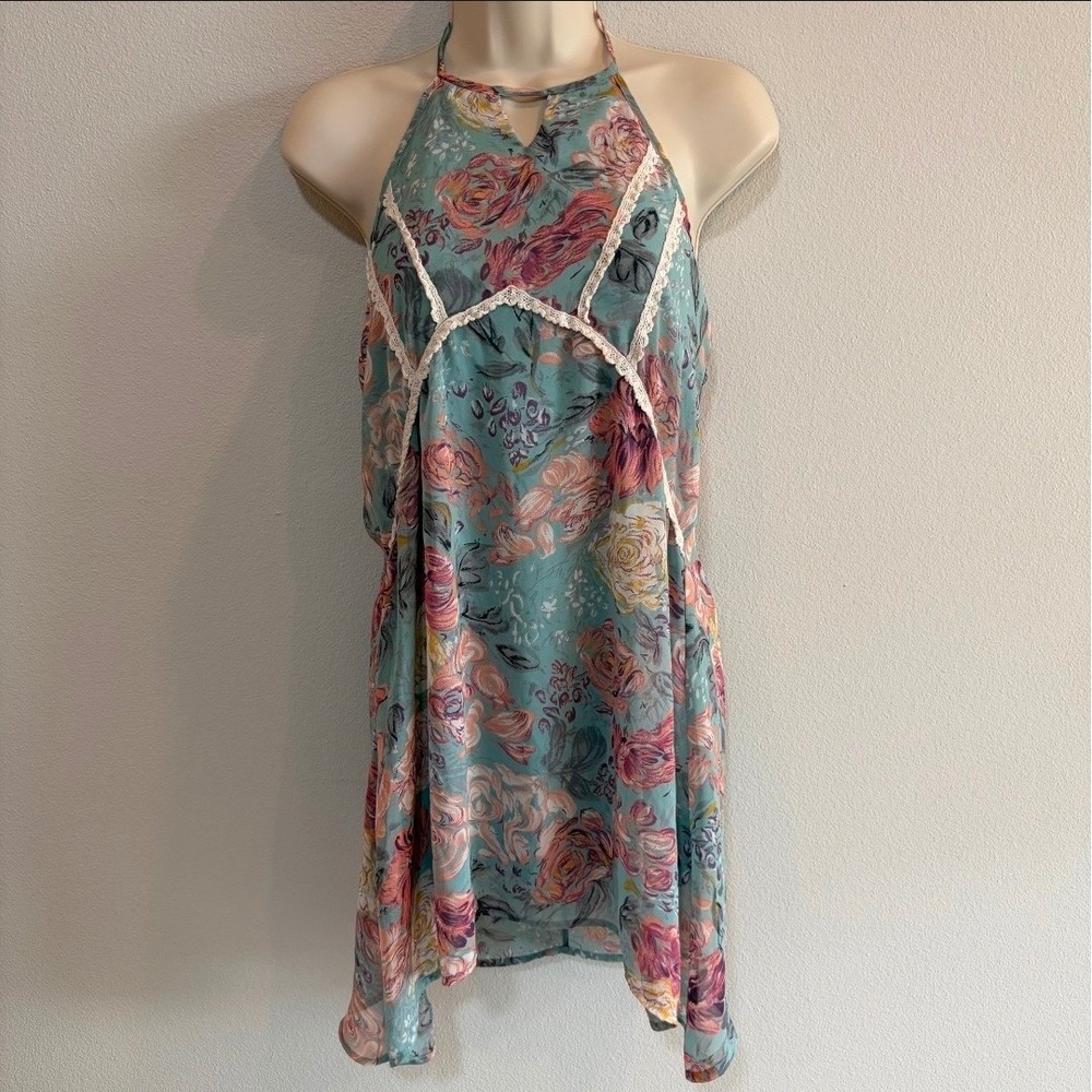 By Together Floral Halter Mini Dress Womens S Blue Crochet Trim Cottagecore Boho